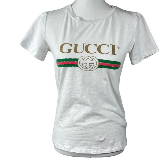 AUTH Gucci Top Graphic Shirt White Print Logo Floral ITALY Luxury Designer Sz S